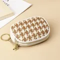 Mini porte-monnaie en cuir véritable à motif pied-de-poule et double fermeture éclair - Marron