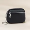 Black pebble grain leather coin purse with double silver zippers and key ring - Black