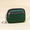 Dark green pebbled leather coin purse with double zippers and metal key ring loop - Dark Green