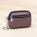 Genuine leather mini coin purse with triple zipper in dark purple litchi texture - Lotus Purple