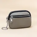 Gray pebble grain leather mini coin purse with double zippers and silver keychain - Light Gray