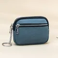 Blue grey lychee textured leather mini coin purse with double zippers and keychain - Denim Blue