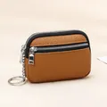 Brown genuine leather coin purse with double zipper and keychain in lychee pattern - Khaki/Earth Yellow
