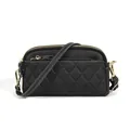 Black leather crossbody bag with quilted rhombic pattern and golden zippers - Black