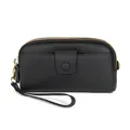 Black pebbled leather long wallet with double zippers and wrist strap for women - Black