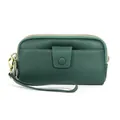 Dark green leather clutch wallet with pebble texture and double zipper design - Dark Green