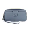 Mist blue genuine leather clutch wallet with double zipper and pebble grain texture - Denim Blue