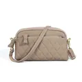 Taupe quilted genuine leather crossbody bag with multi-layer zipper compartments - Light Gray