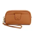 Brown litchi grain genuine leather long wallet with double zipper and wrist strap - Khaki/Earth Yellow