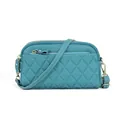 Quilted genuine leather crossbody bag in peacock blue with gold zippers and white stitching - Lake Blue