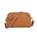Brown quilted leather crossbody bag for women with dual zipper and gold hardware - Khaki/Earth Yellow