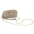 Taupe pebbled leather long wallet with double zipper, phone compartment and chain strap - Light Gray With Chain
