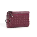 Handcrafted woven sheepskin coin purse in burgundy with double zippers and key ring - Burgundy