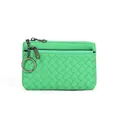 Hand-woven emerald green sheepskin coin purse with dual zippers and metal keychain - Green