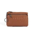 Brown hand-woven sheepskin coin purse with dual zippers and built-in metal keychain - Brown