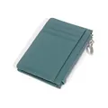 Slim teal lychee grain leather card holder with three card slots and silver side zipper - Grey Blue