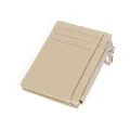 Slim khaki lychee grain leather card holder with zip pocket and multiple card slots - Gray