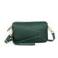 Bolso bandolera de cuero auténtico verde oscuro con textura de lichi y costuras geométricas - Verde Oscuro