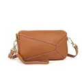 Brown top-grain leather crossbody bag with geometric stitching and gold hardware - Khaki/Earth Yellow