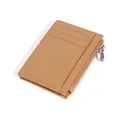 Brown lychee texture leather card holder with three slots and a silver zipper pocket - Tan