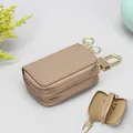 Genuine leather double zipper car key case in khaki with litchi grain texture - Khaki