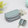 Dual zipper genuine leather car key case in grey blue with lychee texture and gold hardware - Flax Blue