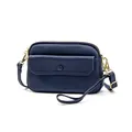 Sac bandoulière bleu foncé en cuir véritable avec détails dorés et poche à rabat avant - Bleu Saphir