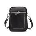 Black leather crossbody phone bag with litchi texture and white stitching details - Black