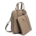 Taupe pebbled leather 2-in-1 crossbody bag with detachable pouch and top handles - Trench Gray