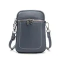 Blue-grey pebble grain genuine leather mini crossbody phone bag with silver zippers - Denim Blue