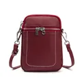 Burgundy pebble leather phone crossbody bag with white U-shaped contrast stitching - Burgundy