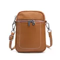 Minimalist brown cowhide leather crossbody phone bag with adjustable shoulder strap and zippers - Khaki/Earth Yellow