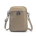 Mini crossbody phone bag in light brown litchi leather with silver hardware and zip pockets - Light Gray