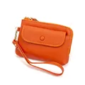 Mini orange genuine leather coin purse with pebble texture and detachable wrist strap - Orange