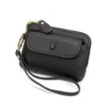 Mini black pebble grain leather coin purse with gold hardware and wristlet strap - Black