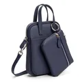 Navy blue lychee grain leather crossbody bag set with detachable pouch and silver hardware - Deep Blue