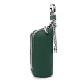 Dark green pebbled leather car key case with L-shaped zipper and silver hook - Dark Green