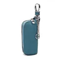 Dark blue lychee pattern genuine leather car key pouch with silver metal spring hook - Denim Blue