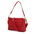 Sac bandoulière en cuir véritable rouge vif avec motif litchi et détails dorés - Rouge