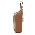 Brown lychee grain genuine leather car key case with silver swivel metal hook - Khaki/Earth Yellow