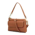 Petit sac bandoulière en cuir marron grainé avec ferrures dorées et poche avant - Jaune Terre