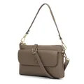 Crossbody phone bag in dark khaki pebble leather with gold hardware and flap - Khaki