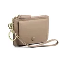 Khaki leather coin purse with litchi grain texture and gold keychain wristlet - Khaki