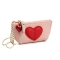 Pink cowhide leather mini wallet with a red heart design and golden keychain attachment - Sakura Pink