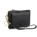 Minimalist black genuine leather coin purse with gold chain and wrist strap detail - Black