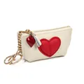 White lychee leather coin purse with red heart patch and golden key ring - Milk White