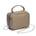 Fashionable khaki leather crossbody bag with top handle and silver chain strap - Khaki