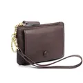 Genuine cowhide leather coin purse in dark brown with lychee texture and wrist strap - Coffee