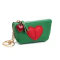 Green pebble leather mini wallet with red heart patch and gold keychain accessory - Bamboo Green