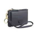 Navy blue pebble grain leather coin purse with gold zipper and wrist strap detail - Dark Blue